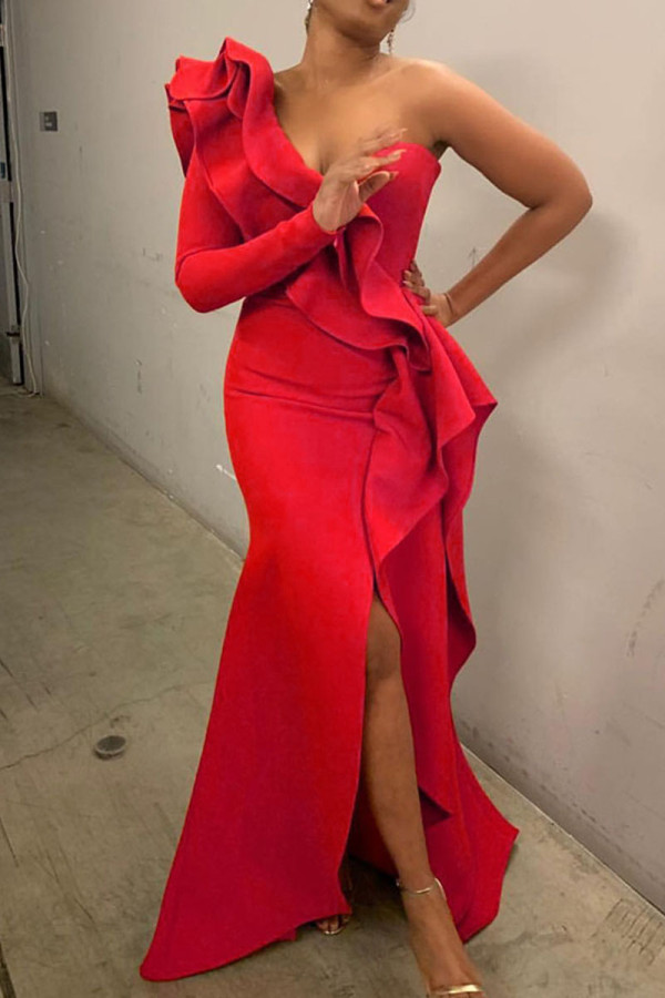 Red Fashion Sexy Solid Patchwork Slit One Shoulder Evening Dress Dresses
