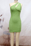 Green Sexy Solid Hollowed Out Patchwork Oblique Collar Pencil Skirt Dresses