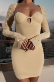 Blue Sexy Solid Hollowed Out Patchwork Beading Square Collar Pencil Skirt Dresses