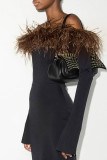 Rose Red Sexy Solid Patchwork Feathers Off the Shoulder Pencil Skirt Dresses