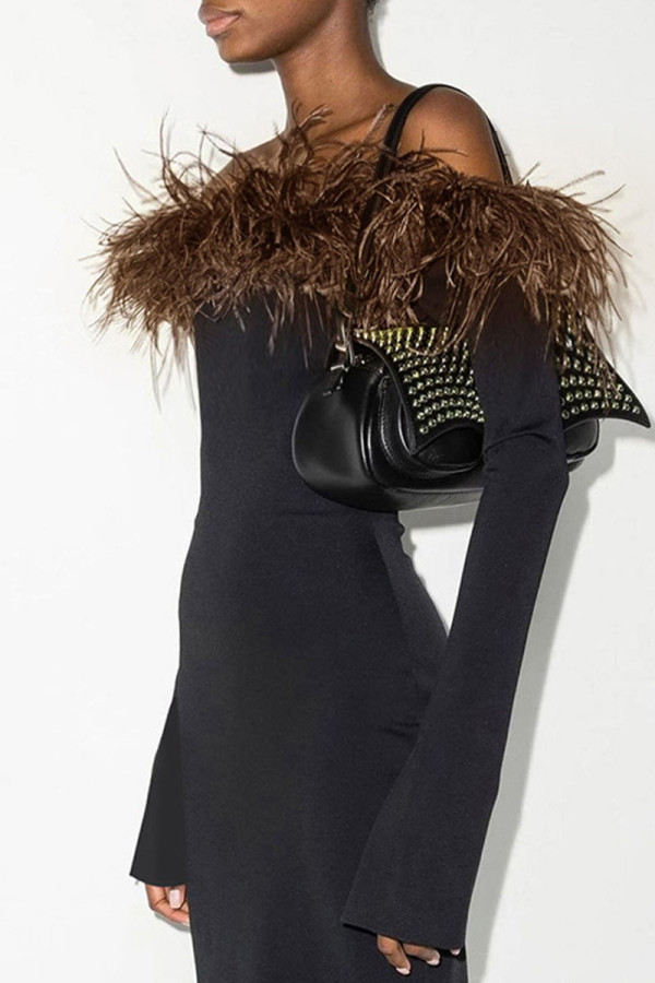 Black Sexy Solid Patchwork Feathers Off the Shoulder Pencil Skirt Dresses