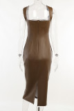Brown Sexy Solid Patchwork Spaghetti Strap One Step Skirt Dresses