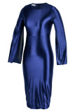 Pink Fashion Casual Solid Slit O Neck Long Sleeve Dresses