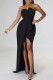 Black Elegant Solid Patchwork Fold Asymmetrical Strapless Evening Dress Dresses