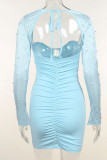 Blue Sexy Solid Hollowed Out Patchwork Beading Square Collar Pencil Skirt Dresses