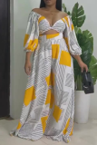 Yellow Casual Print Patchwork Off the Shoulder Long Sleeve Two Pieces