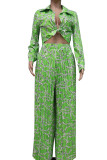 Green British Style Print Bandage Patchwork Turndown Collar Long Sleeve Two Pieces