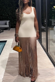 Light Apricot Sexy Solid Tassel O Neck Straight Dresses