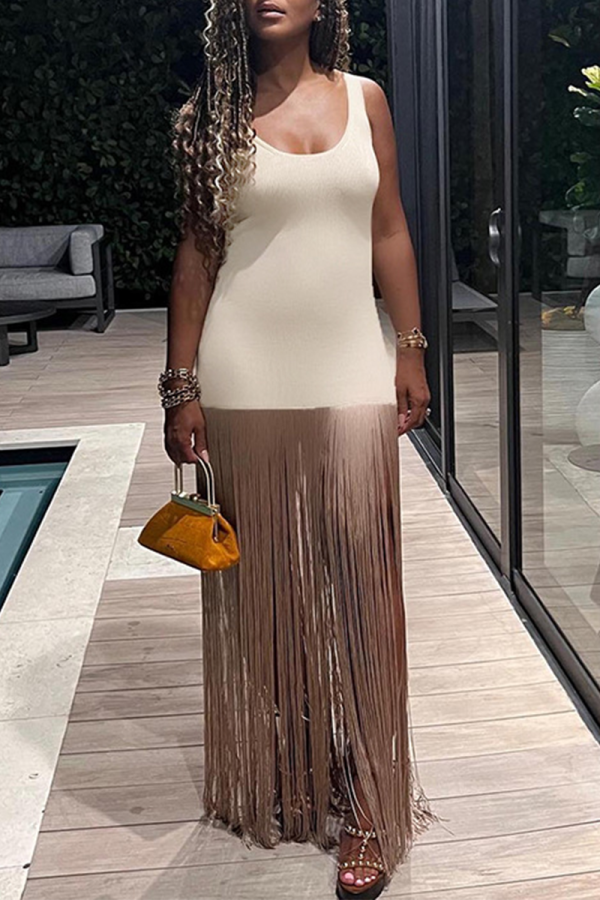 Light Apricot Sexy Solid Tassel O Neck Straight Dresses