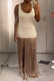 Light Apricot Sexy Solid Tassel O Neck Straight Dresses