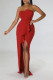 Red Elegant Solid Patchwork Fold Asymmetrical Strapless Evening Dress Dresses