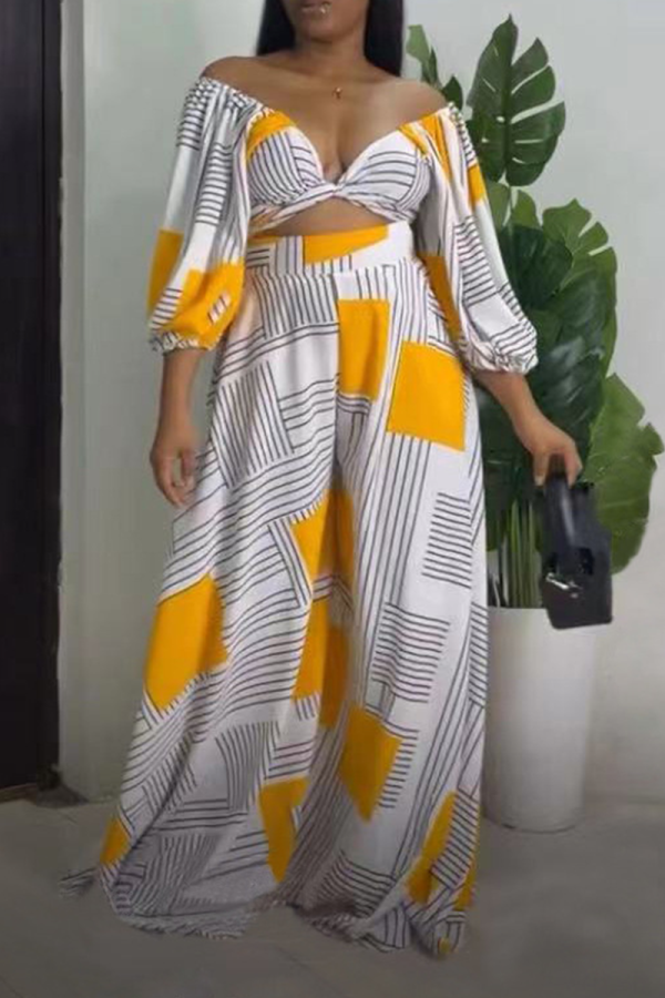 Yellow Casual Print Patchwork Off the Shoulder Long Sleeve Two Pieces