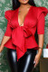 Red Sexy Solid Patchwork With Bow V Neck T-Shirts