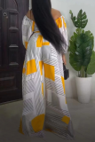 Yellow Casual Print Patchwork Off the Shoulder Long Sleeve Two Pieces
