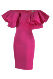 Rose Red Fashion Casual Solid Patchwork Backless Off the Shoulder Long Sleeve Dresses