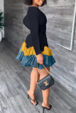 Orange Casual Solid Patchwork Fold O Neck Long Sleeve Dresses