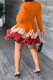 Orange Casual Solid Patchwork Fold O Neck Long Sleeve Dresses