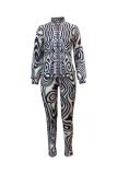 Coffee Sexy Print Patchwork Turndown Collar Long Sleeve Two Pieces