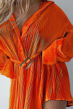 Rose Red Casual Solid Patchwork Buckle Fold Turndown Collar Dresses
