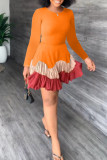 Orange Casual Solid Patchwork Fold O Neck Long Sleeve Dresses