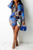 Blue Street Print Patchwork Turndown Collar Printed Dress Dresses( without belt)