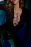 Black Sexy Solid Hollowed Out V Neck Skinny Bodysuits