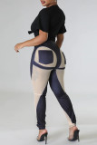 Blue Casual Print Patchwork Skinny High Waist Pencil Patchwork Trousers