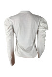 White O Neck Puff sleeve Long Sleeve Patchwork Hole Solid Burn-out
