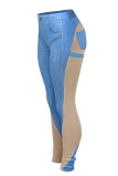Blue Casual Print Patchwork Skinny High Waist Pencil Patchwork Trousers