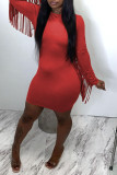 Red Sexy Solid Tassel Patchwork O Neck Pencil Skirt Dresses