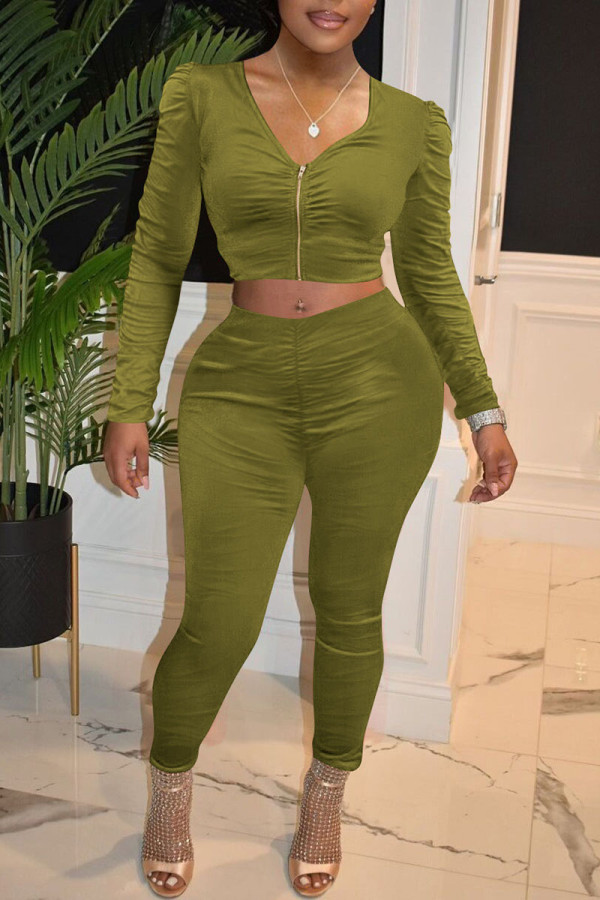 Green Casual Sportswear Solid Patchwork Fold Zipper Zipper Collar Long Sleeve Two Pieces