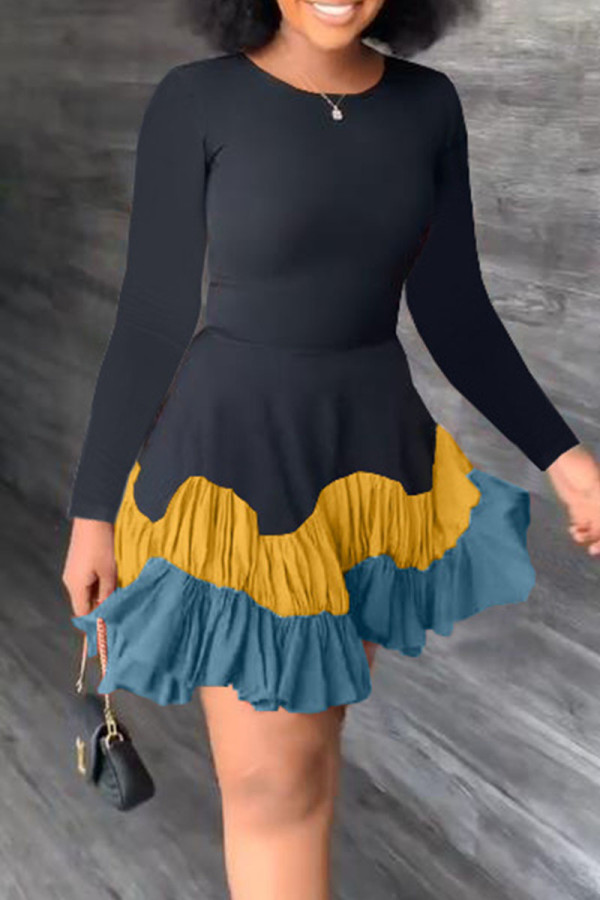 Yellow Blue Casual Solid Patchwork Fold O Neck Long Sleeve Dresses