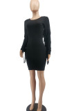Red Sexy Solid Tassel Patchwork O Neck Pencil Skirt Dresses