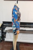 Blue Street Print Patchwork Turndown Collar Printed Dress Dresses( without belt)