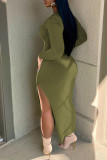 Red Casual Solid Slit V Neck Long Sleeve Dresses