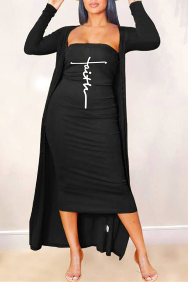Black Sexy Casual Print Patchwork Long Sleeve Two Pieces