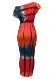 Tangerine Red Casual Print Patchwork Asymmetrical Oblique Collar Irregular Dress Dresses