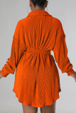 Rose Red Casual Solid Patchwork Buckle Fold Turndown Collar Dresses
