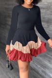 Orange Casual Solid Patchwork Fold O Neck Long Sleeve Dresses