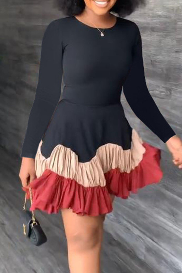 Black Red Casual Solid Patchwork Fold O Neck Long Sleeve Dresses