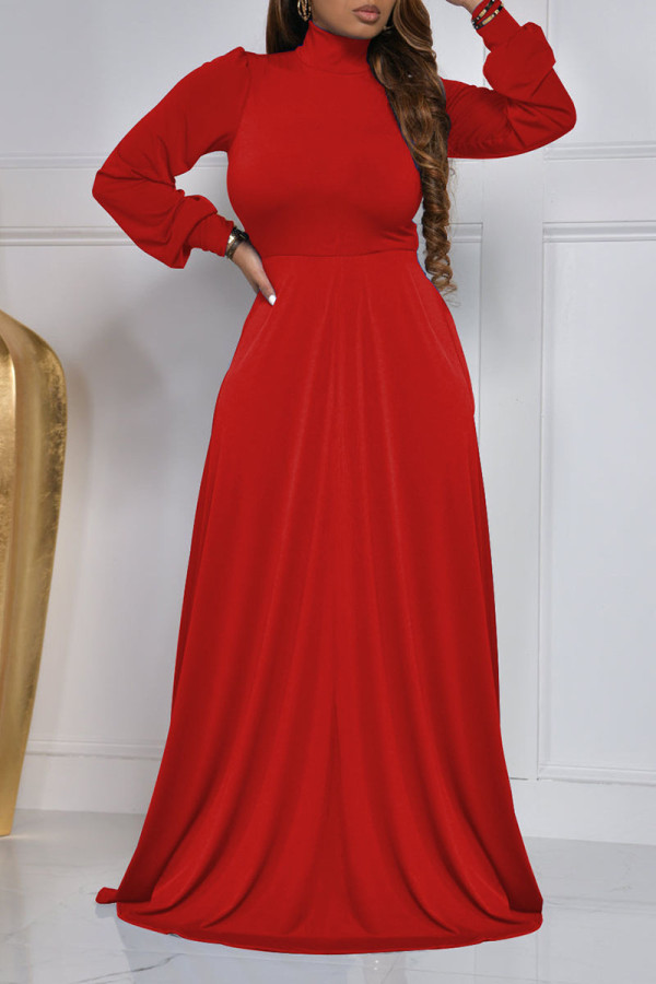 Red Casual Elegant Solid Patchwork Turtleneck Long Sleeve Dresses
