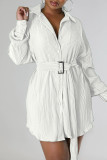 Rose Red Casual Solid Patchwork Buckle Fold Turndown Collar Dresses