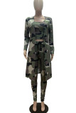 Tangerine Red Casual Print Camouflage Print Patchwork Three Pieces