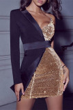 Gold Sexy Formal Patchwork Backless V Neck Evening Dress Dresses