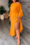 White Casual Solid Patchwork Asymmetrical Off the Shoulder Long Sleeve Two Pieces