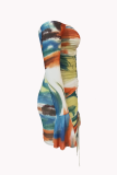 Turquoise Sexy Print Patchwork Strapless Pencil Skirt Dresses