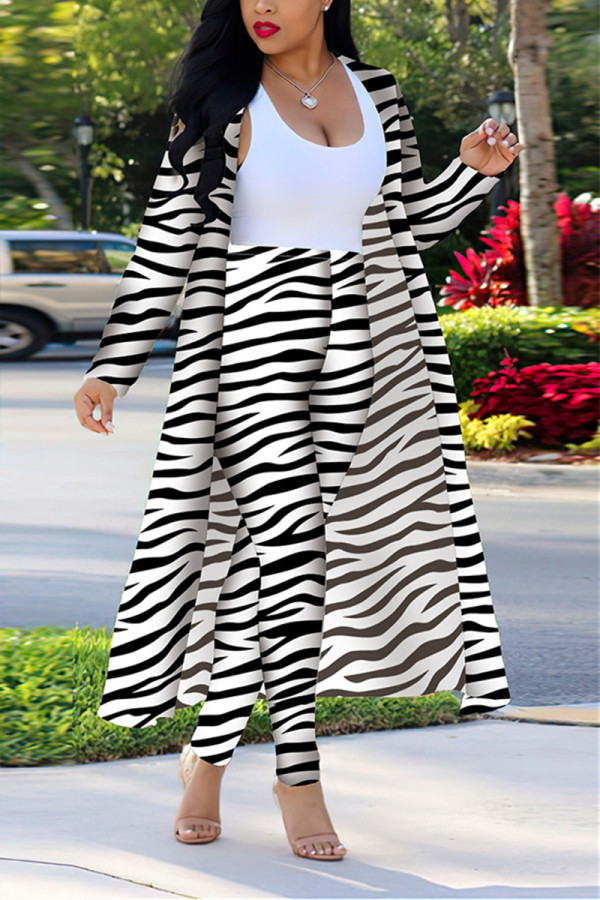 Black And White Fashion Casual Zebra Print Long Sleeve Two-Piece Suit