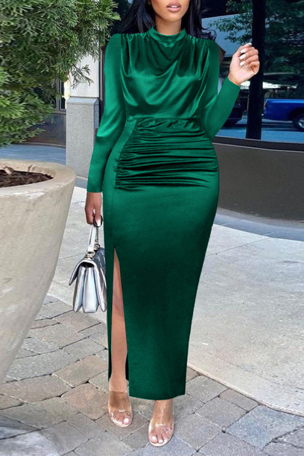 Green Casual Solid Patchwork Slit Fold O Neck One Step Skirt Dresses