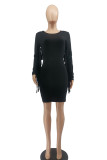 Red Sexy Solid Tassel Patchwork O Neck Pencil Skirt Dresses