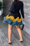 Orange Casual Solid Patchwork Fold O Neck Long Sleeve Dresses